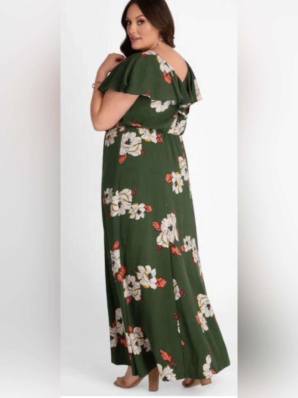 Kiyonna Floral Maxi Dress 3X Olive Green Flutter Sleeve V-Neck Plus Size - Picture 2 of 5